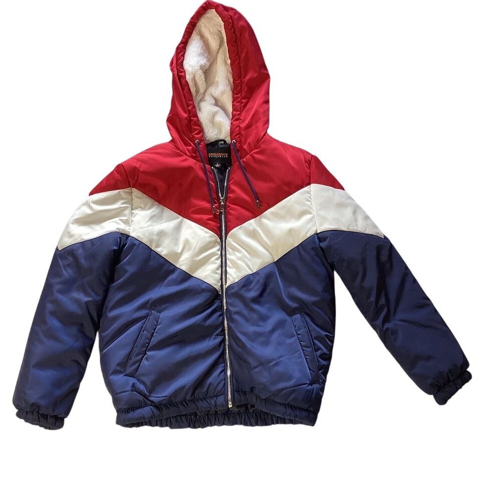Ambiance Women's Puffer Jacket Size S Red White Blue Hooded Winter Coat